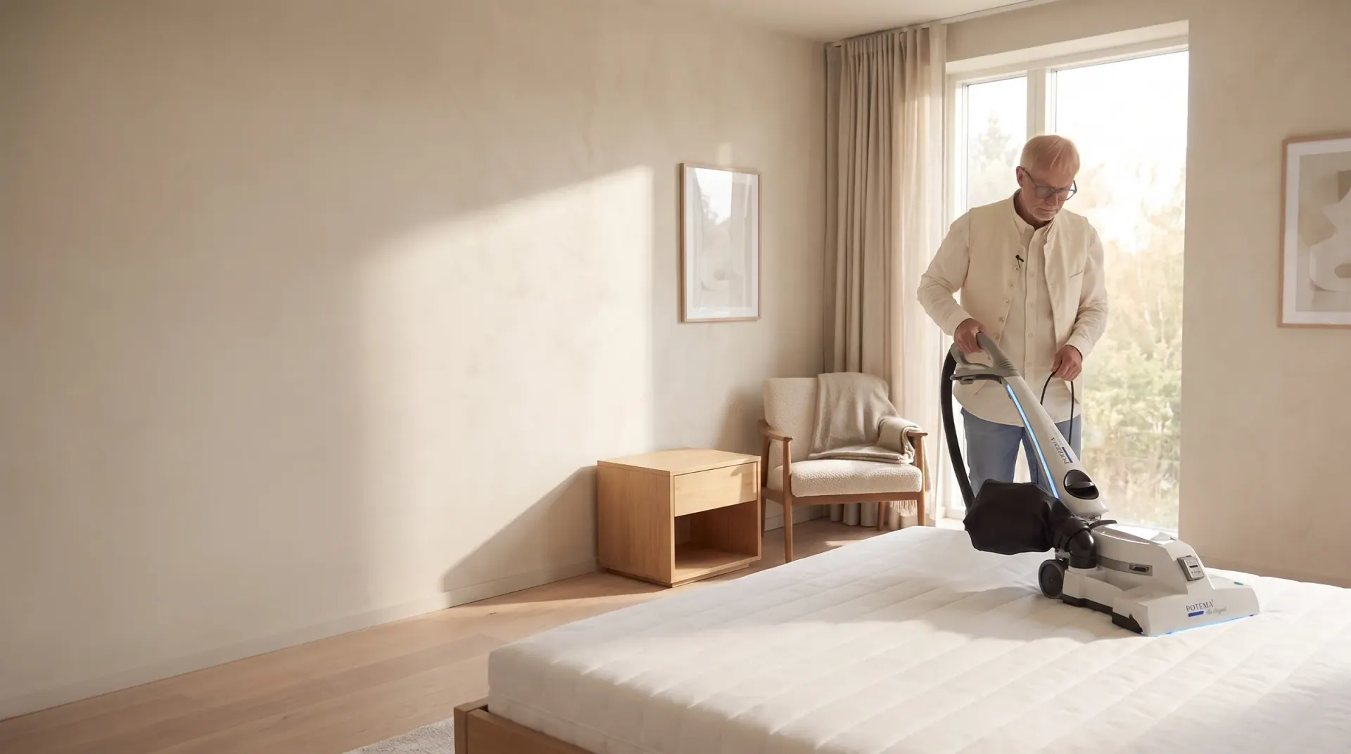 The same hotel bed stripped — the bare mattress being deep-cleaned with the POTEMA machine