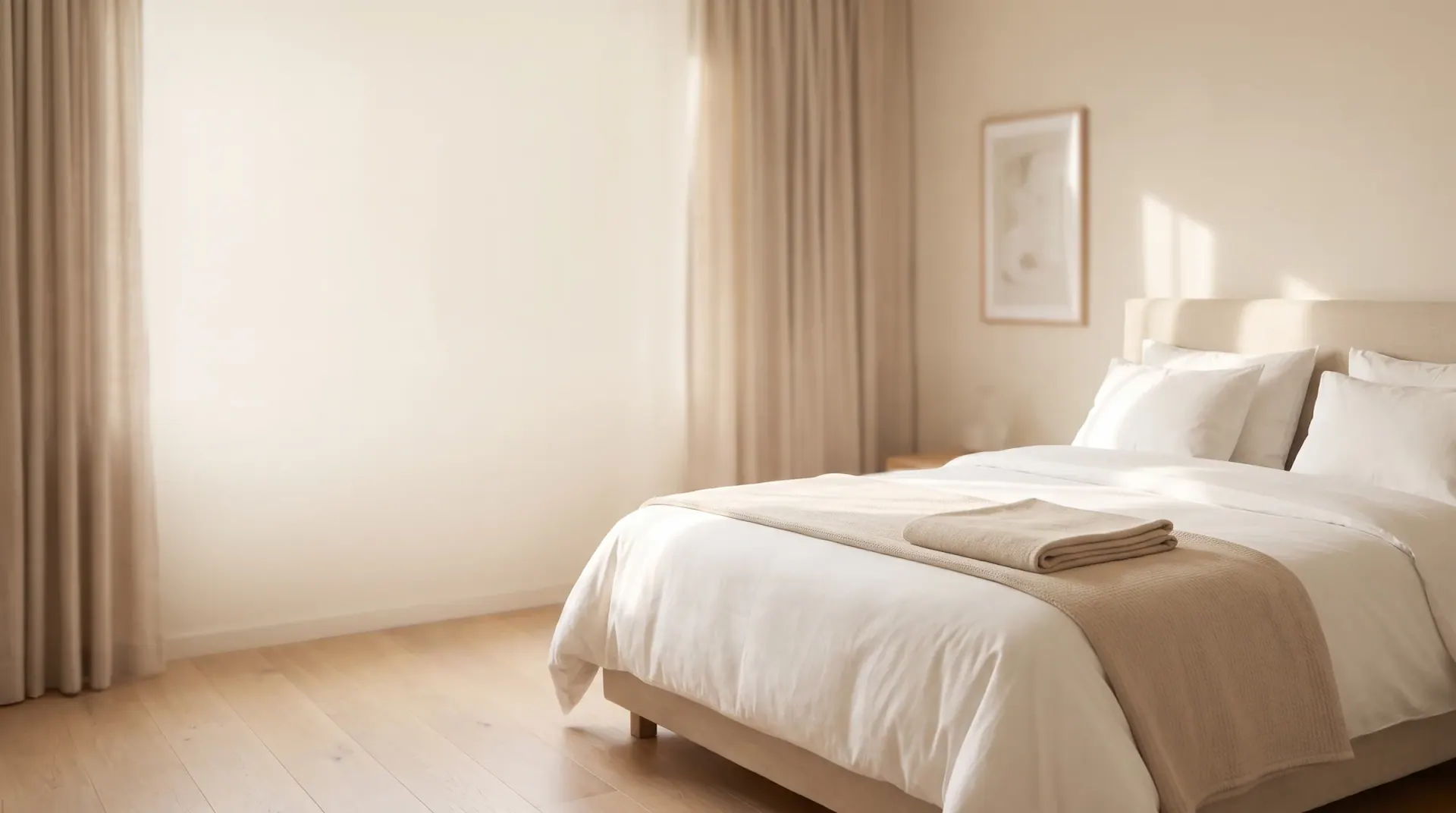 Hotel room with a freshly made bed in warm morning light