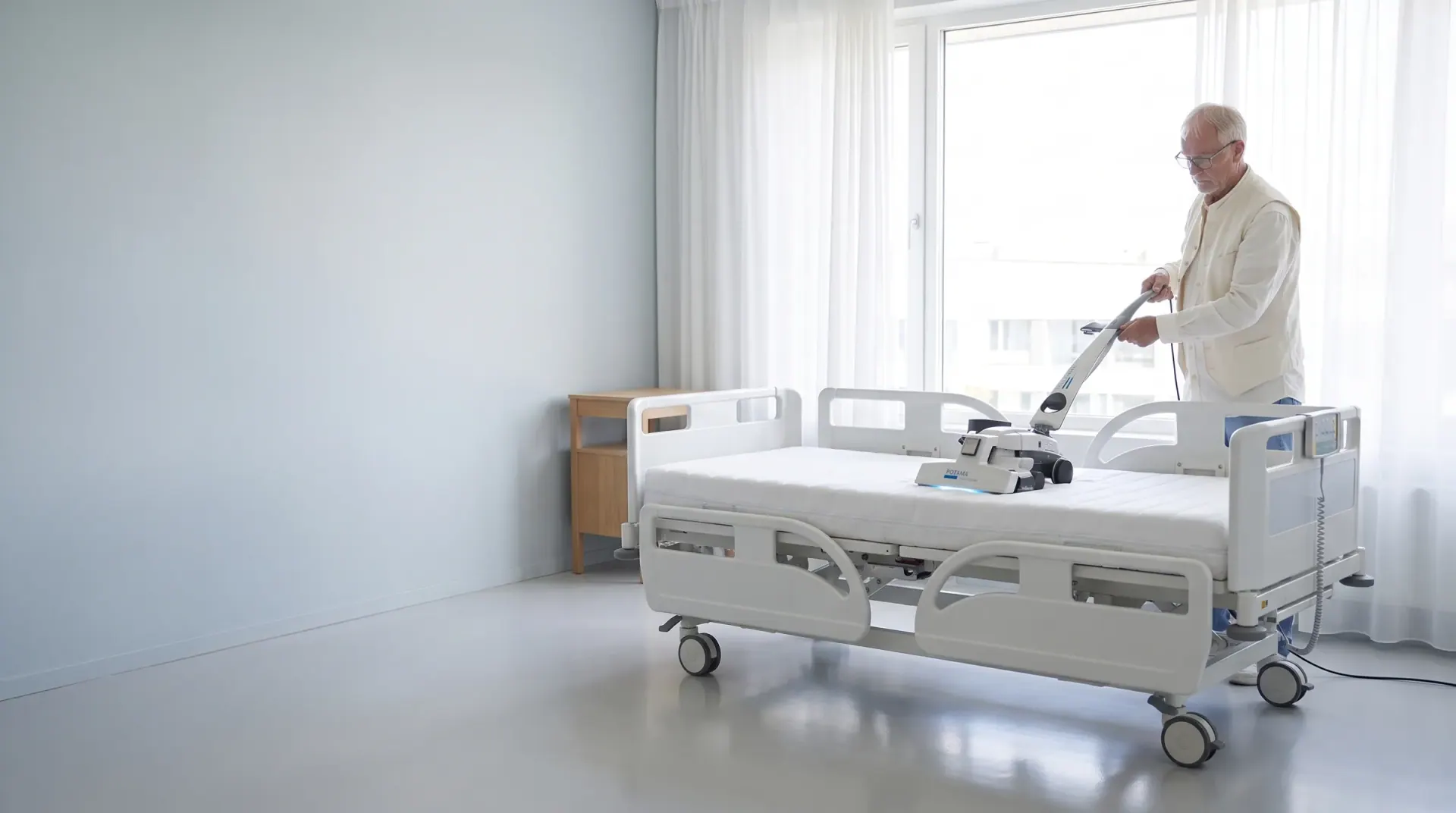 Dasselbe Pflegebett abgezogen — die blanke Matratze wird mit dem POTEMA-Gerät tiefengereinigt