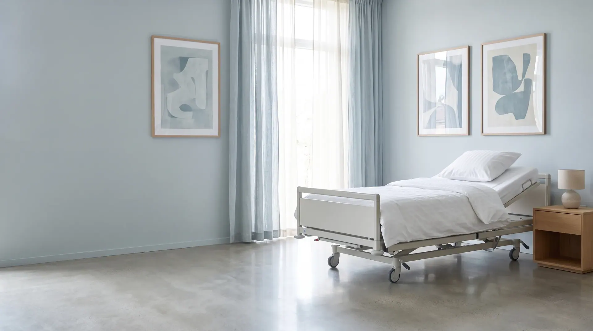 Patientenzimmer mit frisch bezogenem Pflegebett in hellem Tageslicht