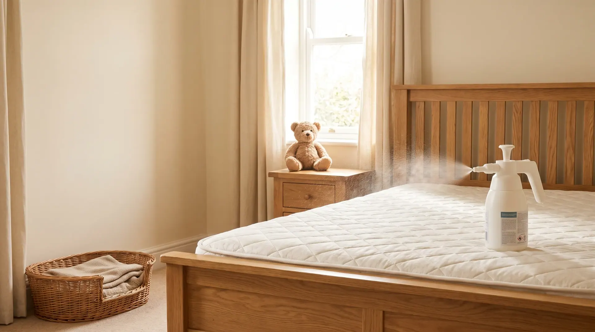 The same bed stripped — the mattress being treated with Matratzen Cleanspray