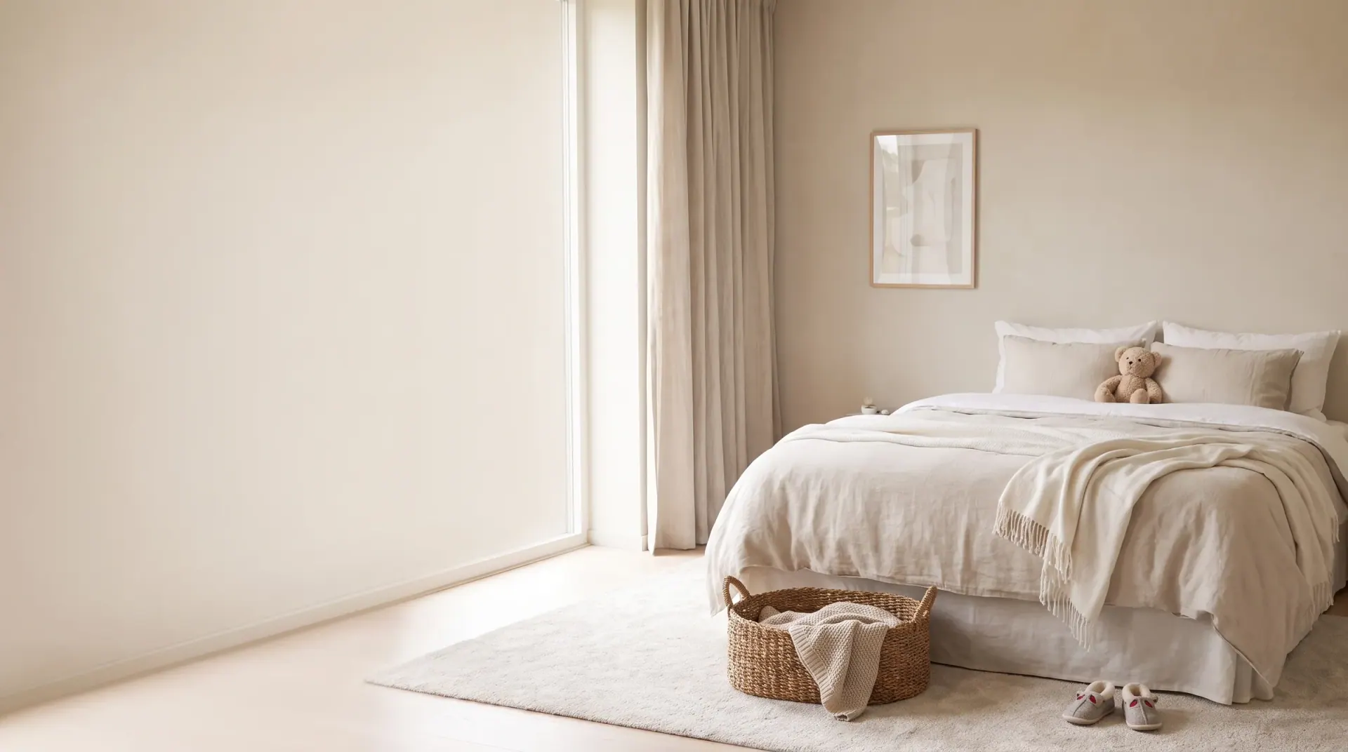 Freshly made double bed in a bright bedroom in the morning