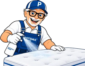 POTEMA Otto sprüht das Matratzen Cleanspray auf