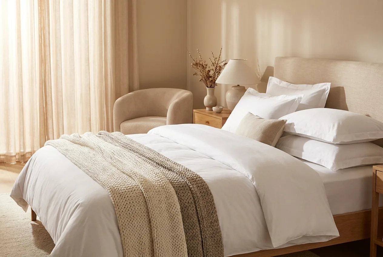 Elegant, freshly made hotel bed in warm light