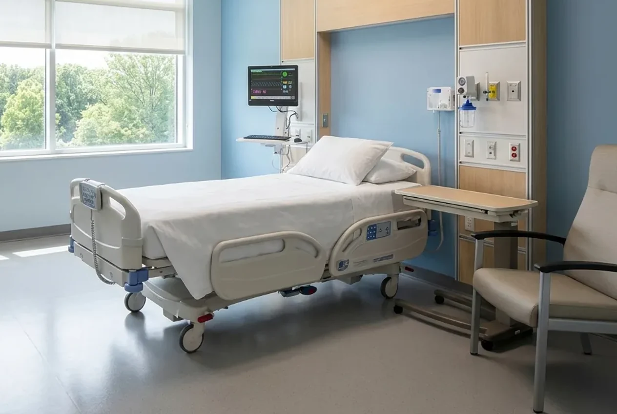 Sauberes Klinik- bzw. Pflegezimmer mit frisch bezogenem Bett