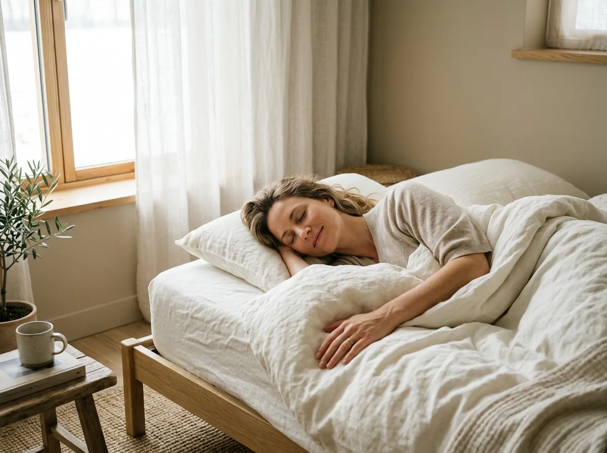 Woman with allergies waking up relaxed