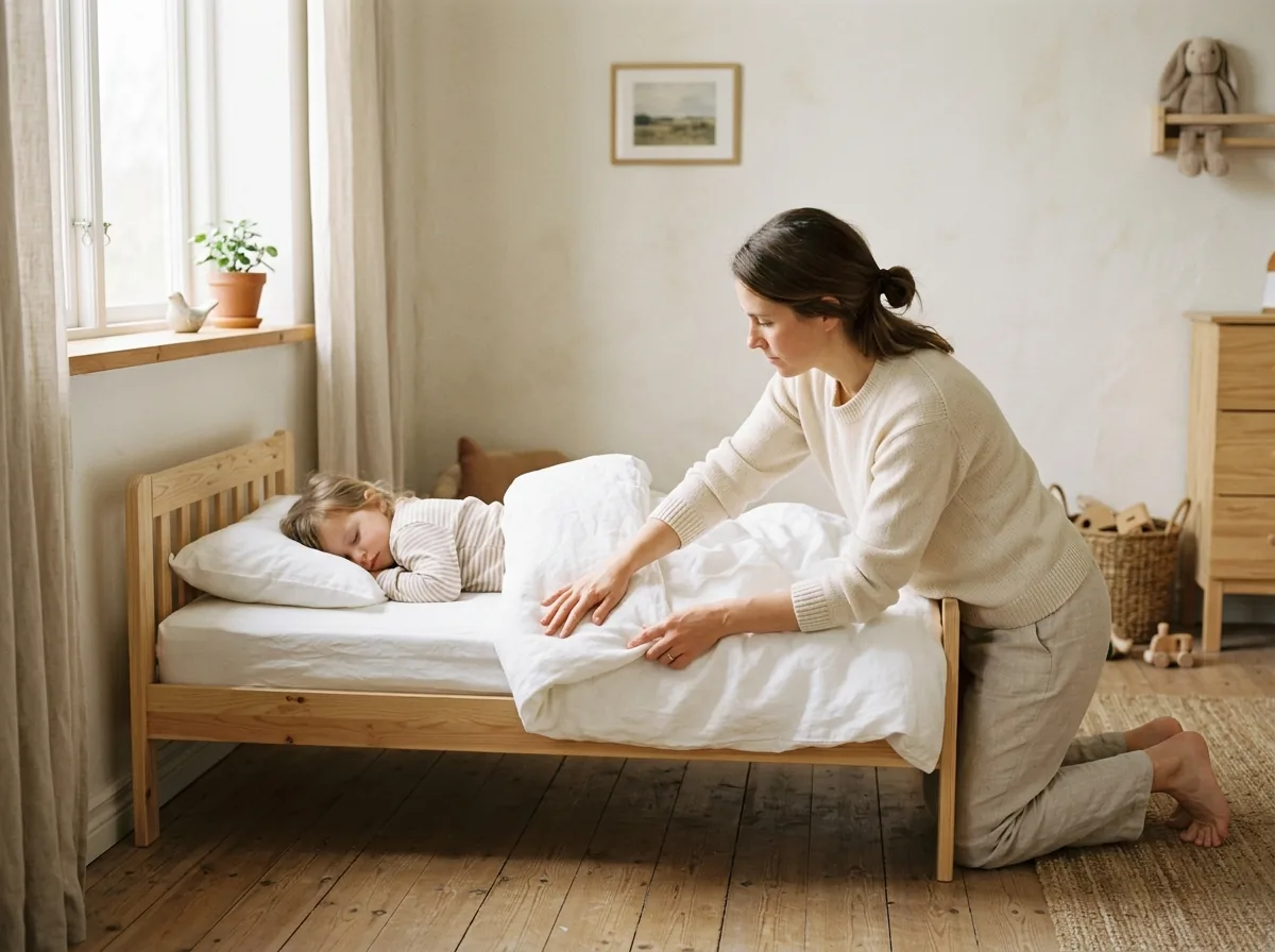 Parent putting fresh linen on a child's bed