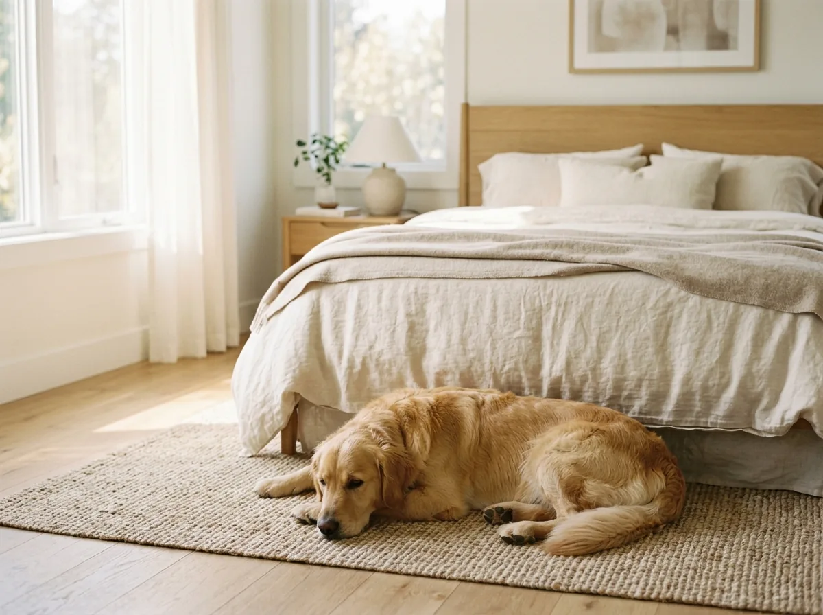 Dog lying on a freshly made bed