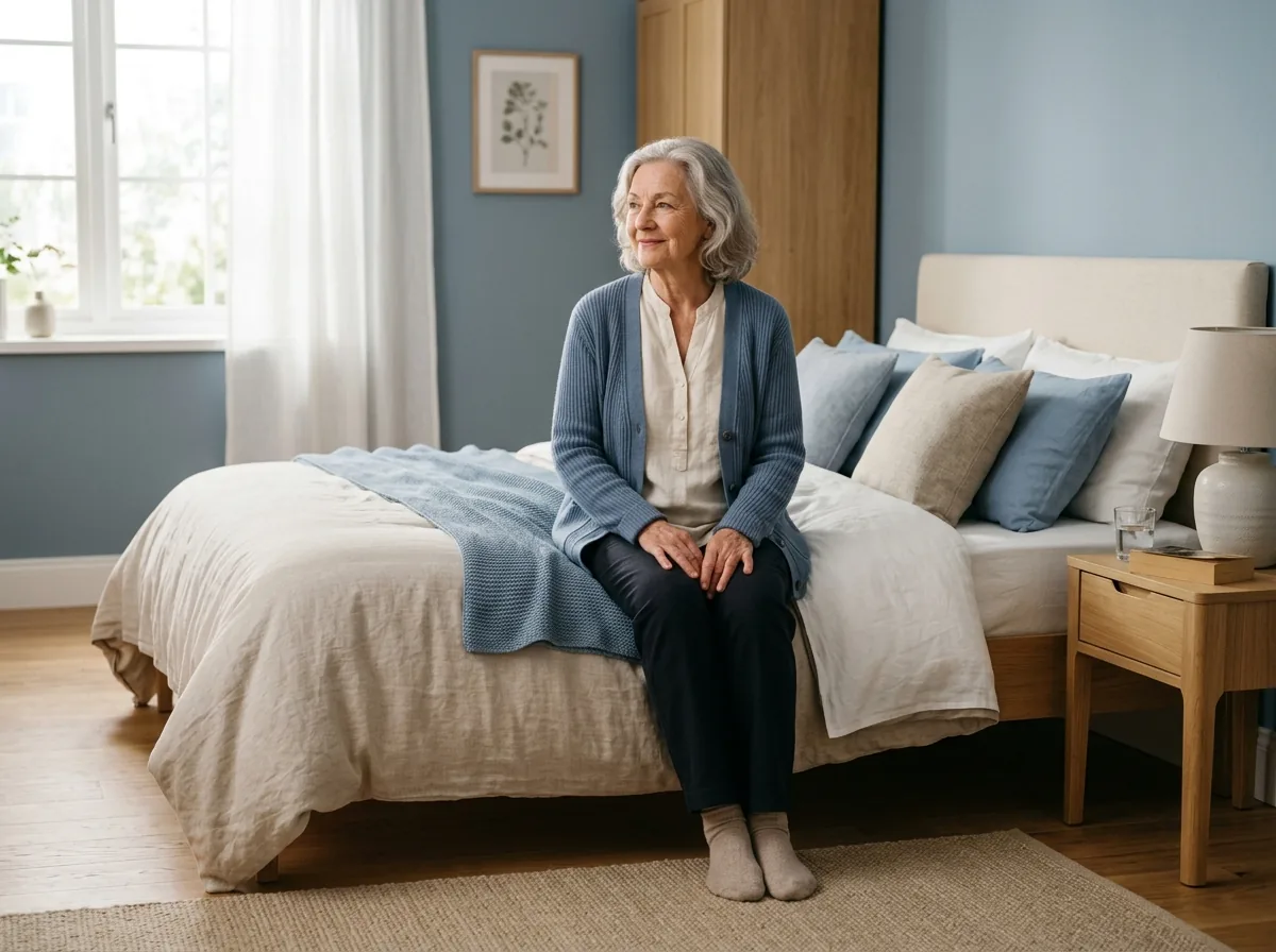 Older woman sitting on the edge of the bed