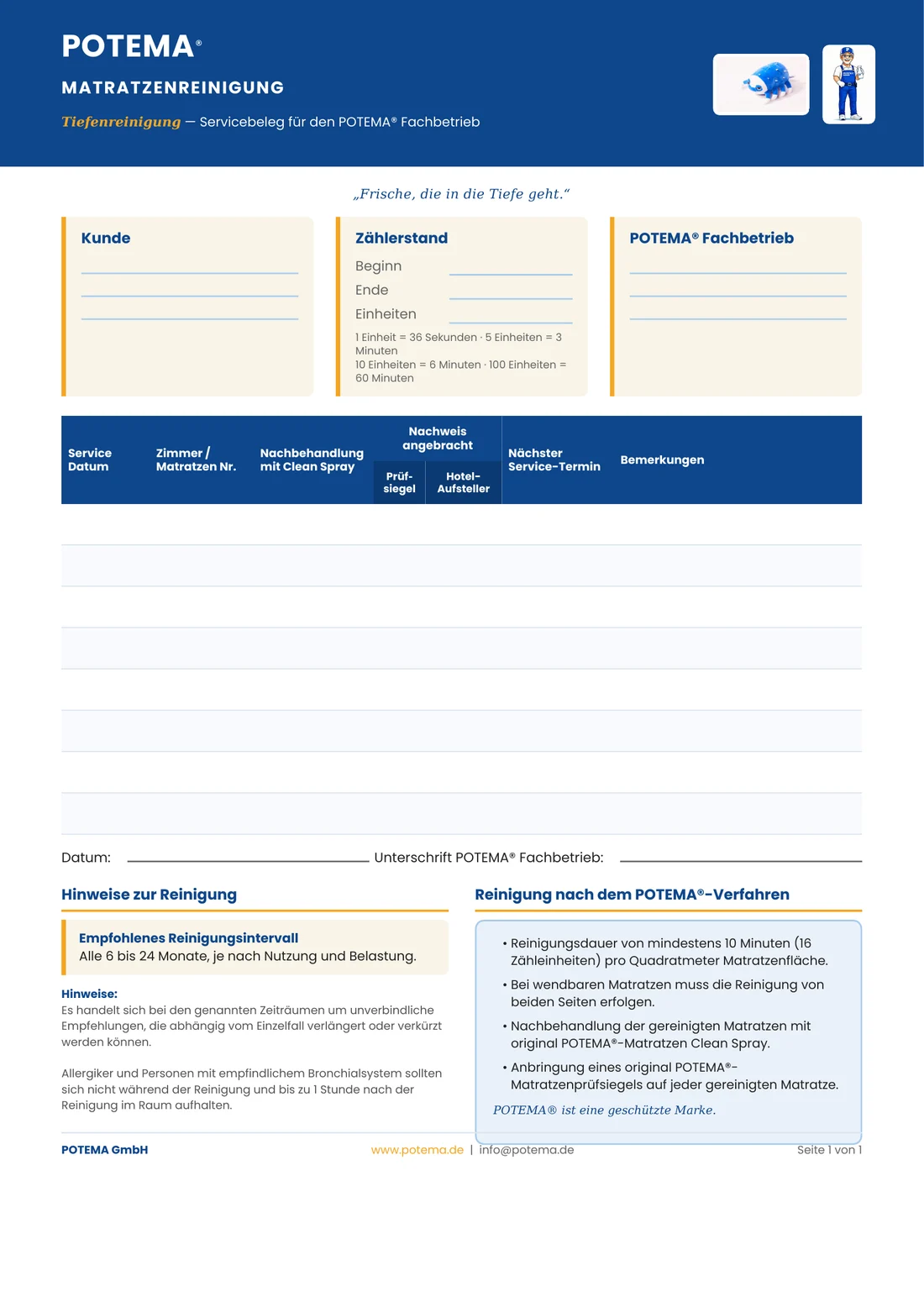Musterformular des POTEMA-Servicebelegs: Felder für Kunde, Zählerstand, Fachbetrieb sowie eine Zeile je Matratze mit Datum, Zimmernummer, Nachbehandlung, Prüfsiegel und nächstem Termin