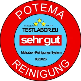 Siegel Testlabor.eu — Bewertung „sehr gut“ für das POTEMA Matratzen-Reinigungs-System, 08/2026